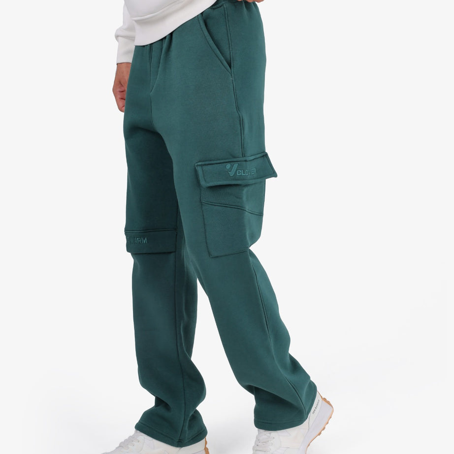 Solid-colored sponge-fabric cargo joggers with a single pocket